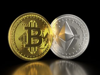 Picture of a gold bitcoin and a silver Ethereum standing next to each other