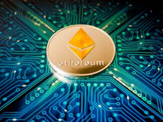 Picture of an Ethereum coin on a circuit board