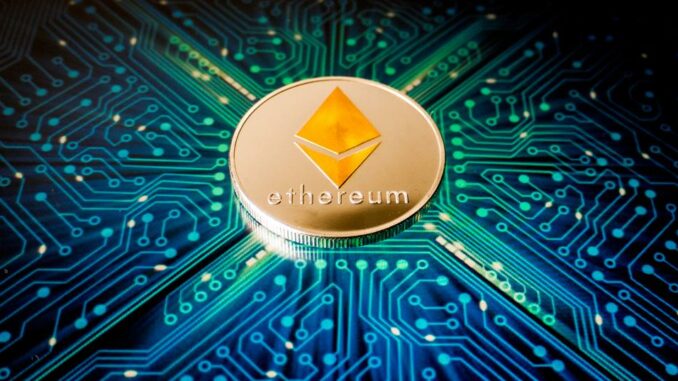 Picture of an Ethereum coin on a circuit board