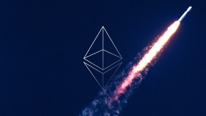 Picture of an Ethereum logo with a rocket launching behind it