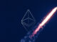 Picture of an Ethereum logo with a rocket launching behind it