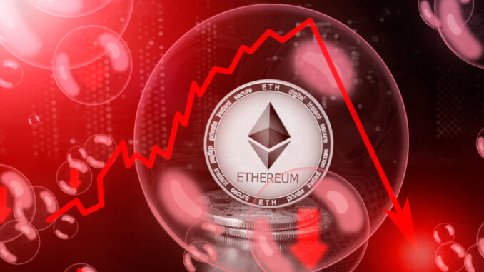 Picture of an Ethereum coin with red downward trendlines behind it