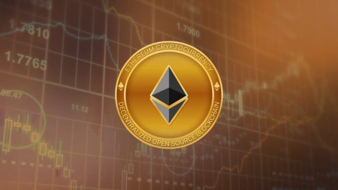 Picture of an Ethereum coin in front of a market chart