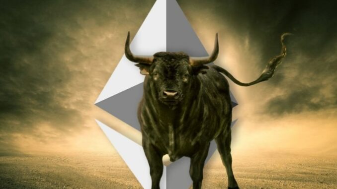 Bull in front of ethereum logo