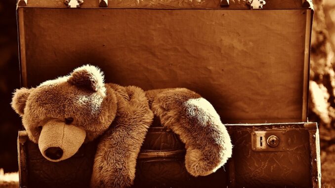 Bear market, a stuffed bear inside a wooden chest