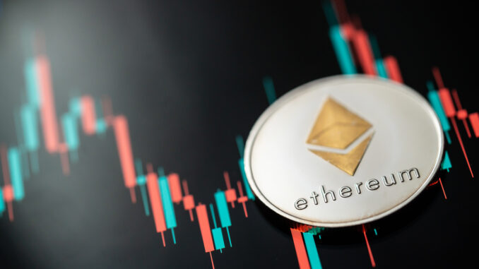Silver Ethereum with candle stick graph chart and digital background