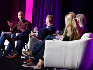 Crypto Market Structure session, Consensus 2023: l to r: Cumberland DRW Partner/Global Head Chris Zuehlke speaking. (CoinDesk)