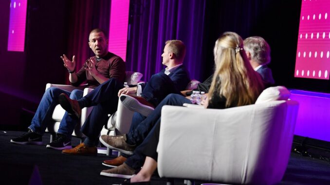 Crypto Market Structure session, Consensus 2023: l to r: Cumberland DRW Partner/Global Head Chris Zuehlke speaking. (CoinDesk)