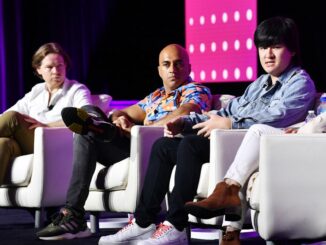Crypto Market Structure session, Consensus 2023: l to r: Cumberland DRW Partner/Global Head Chris Zuehlke speaking. (CoinDesk)