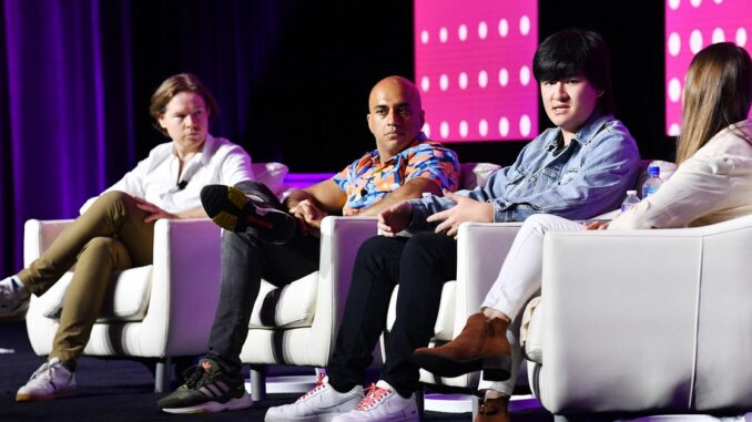 Crypto Market Structure session, Consensus 2023: l to r: Cumberland DRW Partner/Global Head Chris Zuehlke speaking. (CoinDesk)