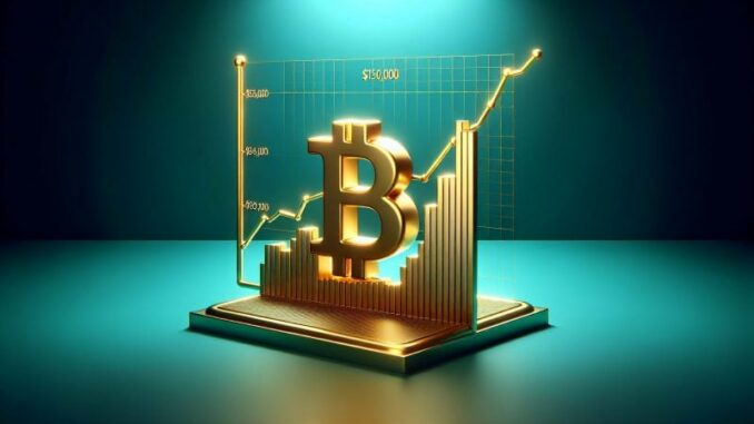 Stock chart depicts the price of bitcoin rising to $150,000 by the year 2025