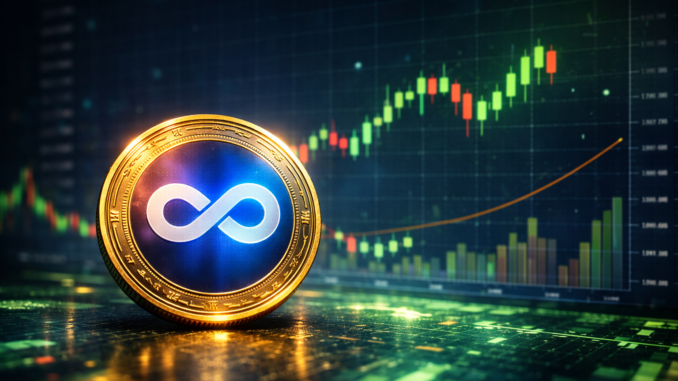 A single Axie Infinity (AXS) token coin placed in front of a blurred cryptocurrency candlestick trading chart background.