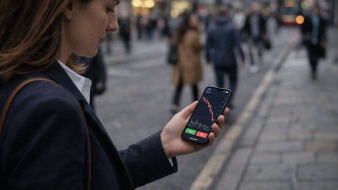 A woman looks at a smartphone showing a sharply declining price chart while standing on a city street.
