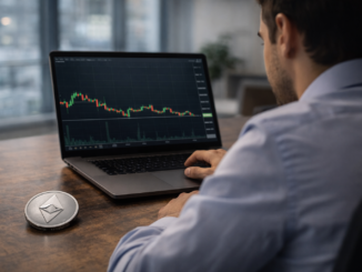 A man looks at a laptop displaying a cryptocurrency price chart, with an Ethereum coin placed on the desk beside him.