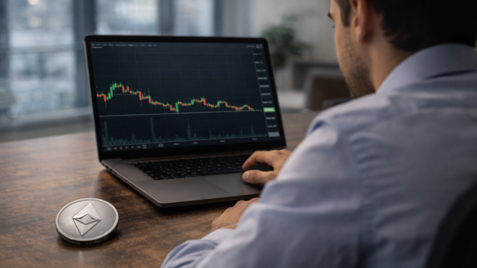 A man looks at a laptop displaying a cryptocurrency price chart, with an Ethereum coin placed on the desk beside him.