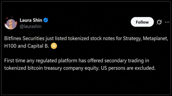 Bitfinex Puts Strategy, Metaplanet Stock Onchain in Tokenized First