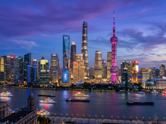 Editorial illustration of the Shanghai Pudong metropolitan financial skyline across the Huangpu River